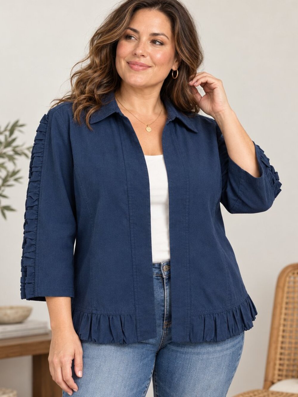 Christopher & Banks Ruffle-Trim Open Front Linen Blend Jacket Womens XL